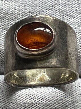 Vintage Signed Serafin Taxco 950 Silver Baltic Amber Modernist Band Ring 6.25